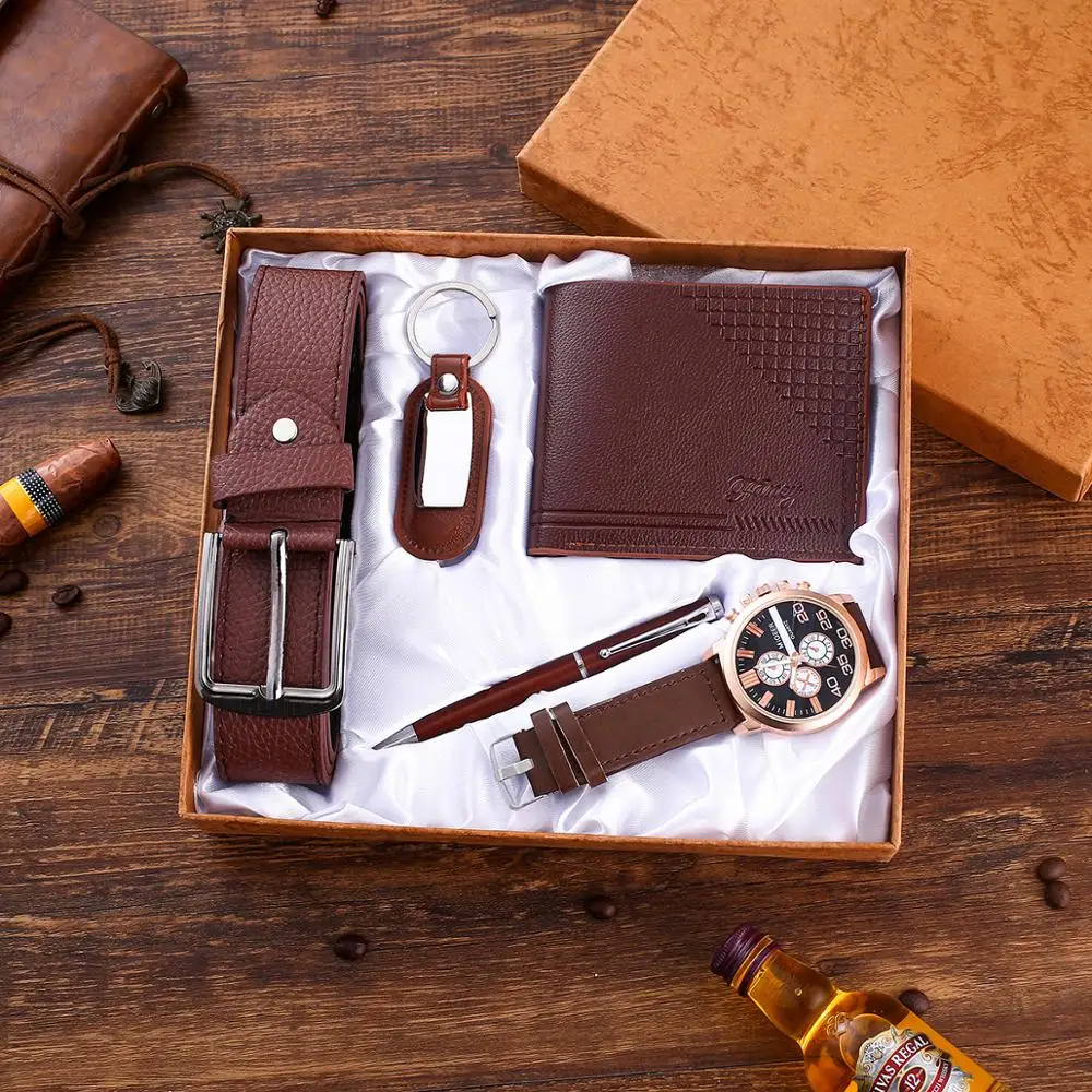 

Brown Leather 5pes/Set Men's Gift Set Beautifully Packaged Watch Belt Wallet Keychain Pen Casual Combination Boy Friend Watches