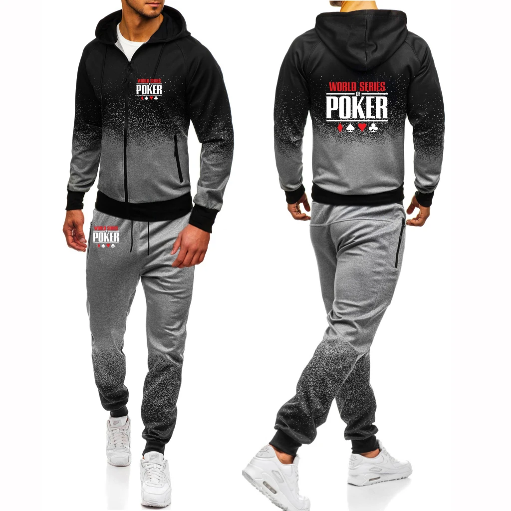 

World Series of Poker Men New Spring Autumn Printing Zipper Jackets Gradient Color Hoodie Leisure Clothes + Sweatpants Suit
