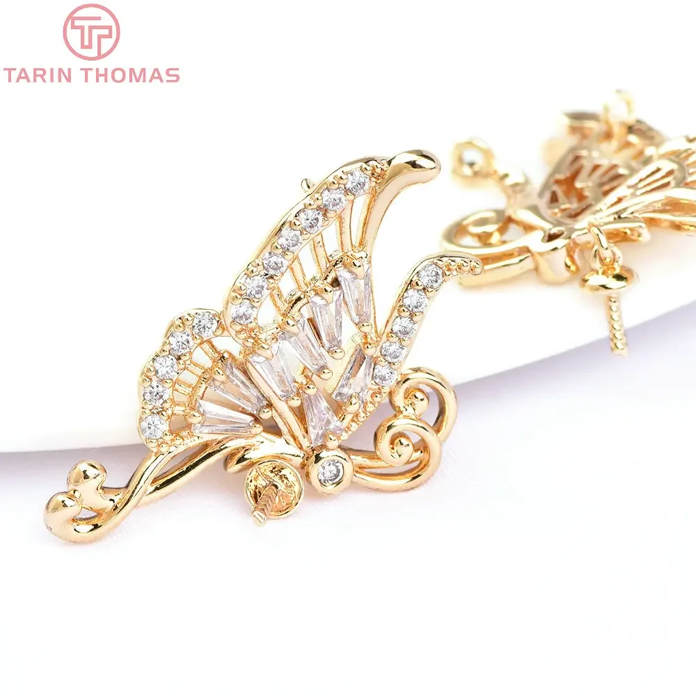 (6393) 2 шт. 18x30 мм 24-каратное золото латунь с цирконием подвески-бабочки подвески