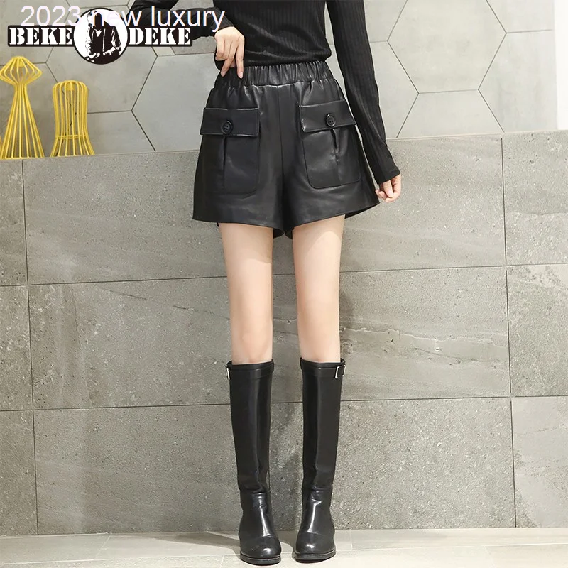 Casual 100% Sheepskin Wide Leg Shorts Women Street Loose High Waist Real Leather Shorts Autumn New Minimalist Shorts