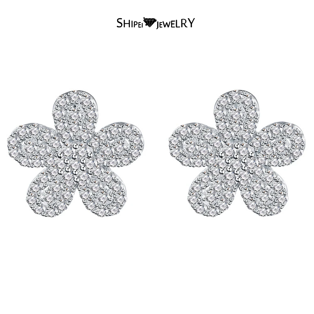 Shipei 100% 925 Sterling Silver Flowers High Carbon Diamond Wedding Engagement Fine Jewelry 18K Gold Plated Ear Studs Earrings