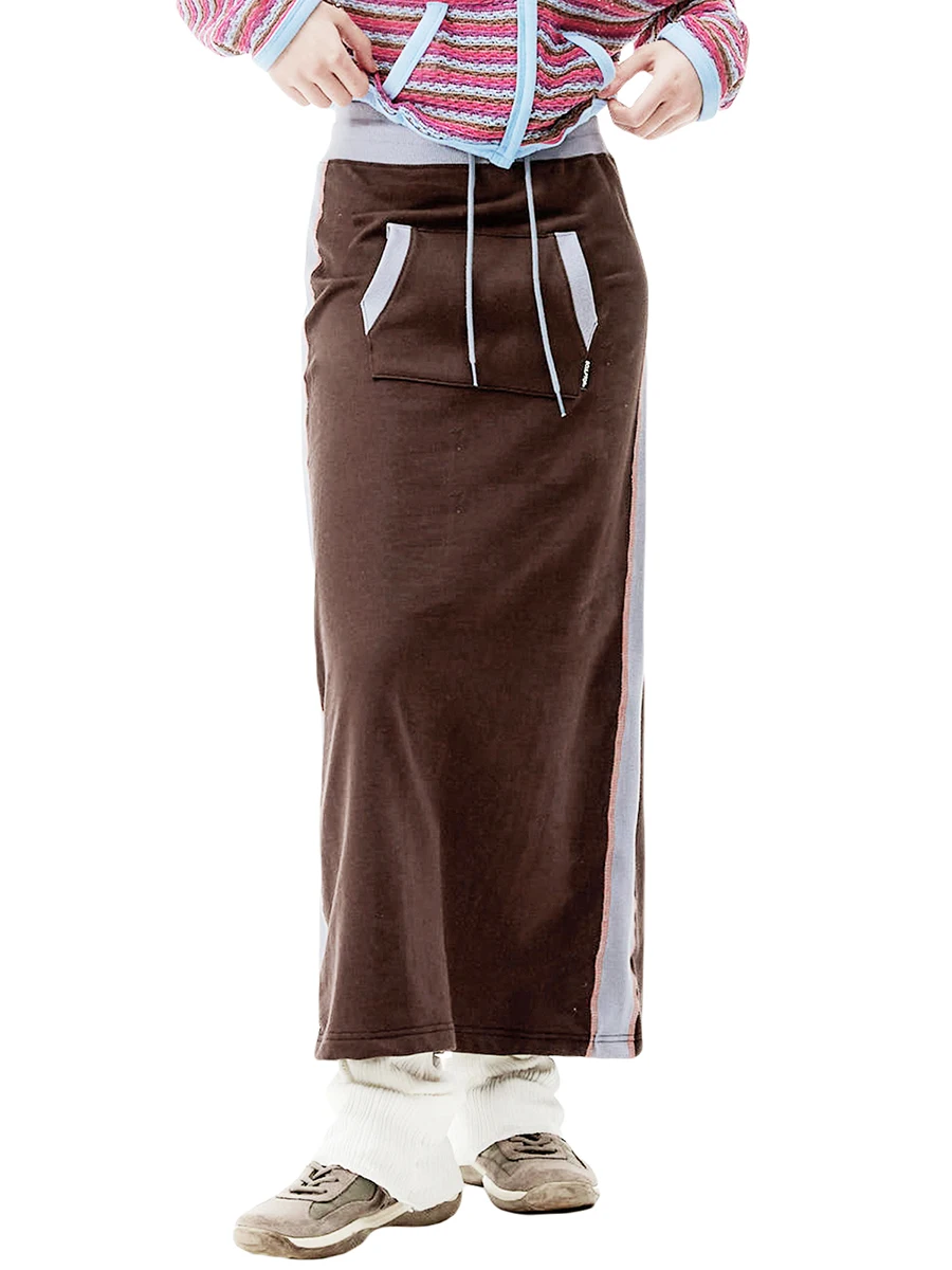 

Женская Повседневная юбка с поясом на резинке, винтажная длинная юбка А-силуэта с контрастными карманами в стиле пэчворк