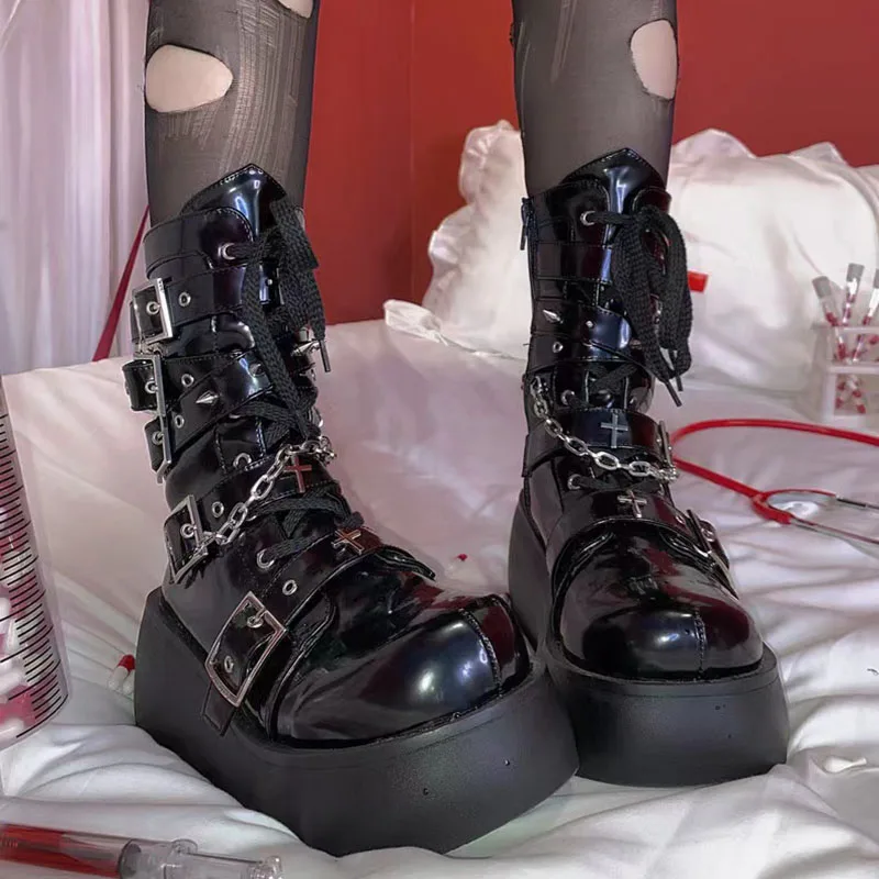 Women Ankle Boots Punk Chunky High Heel Wedge Platform Metal Rivet Decoration Female Pumps Gothic Harajuku Belt Buckle Lady Shoe