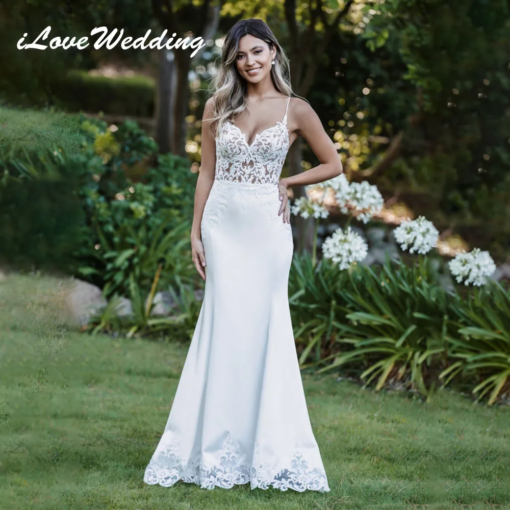 

ILoveWedding Spaghetti Straps Appliques Mermaid Wedding Dress For Women 2024 Boho Lace Beach Charming Bride Gowns Robe De Mariée