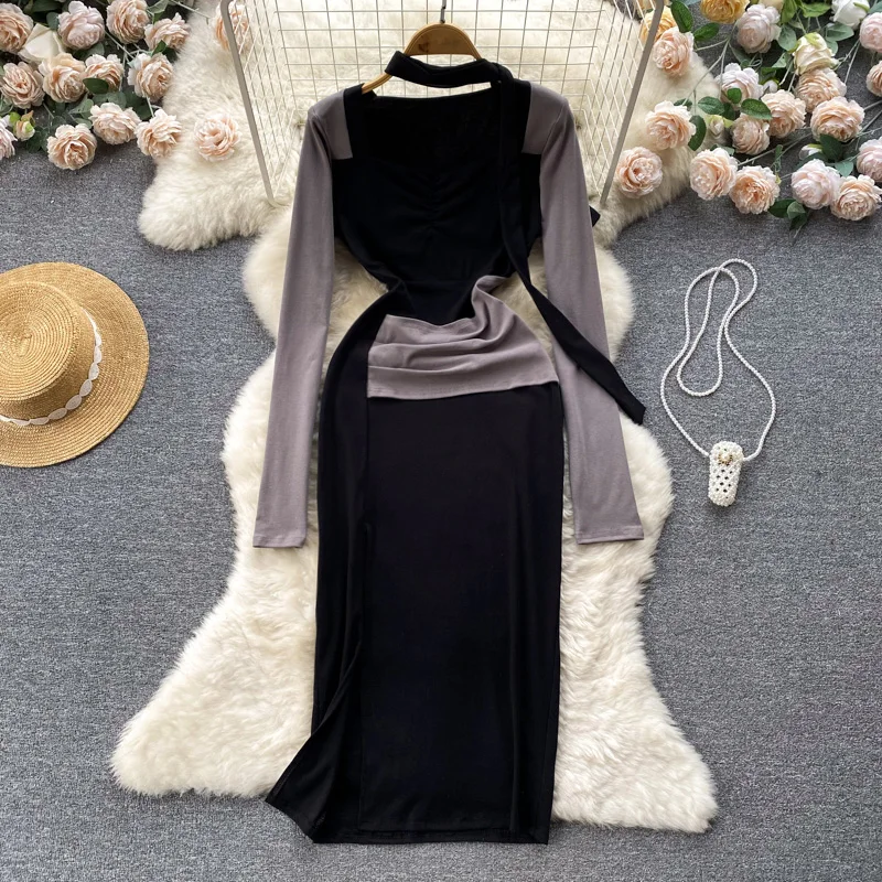 

Spring New Design Sense Irregular Slim Open Splicing Sexy Hot Girl Long-sleeved Package Hip Dress