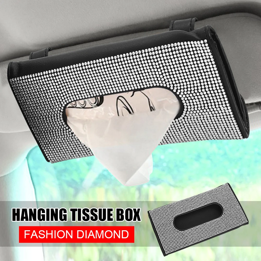 

Car Bling Kit Sun Visor Tissue Holder PU Leather Shiny Rhinestones Crystal Tissue Box Car Decor Interior Accessories for Women