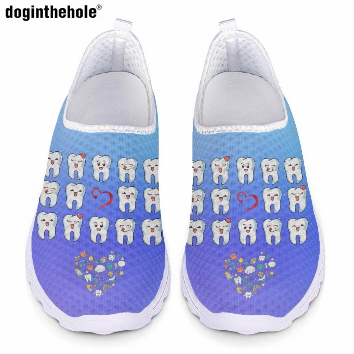 

Doginthehole Cute Cartoon Teeth Print Ladies Casual Flat Shoes Summer Comfortable Breathable Mesh Shoes Hospital Nursing Shoes