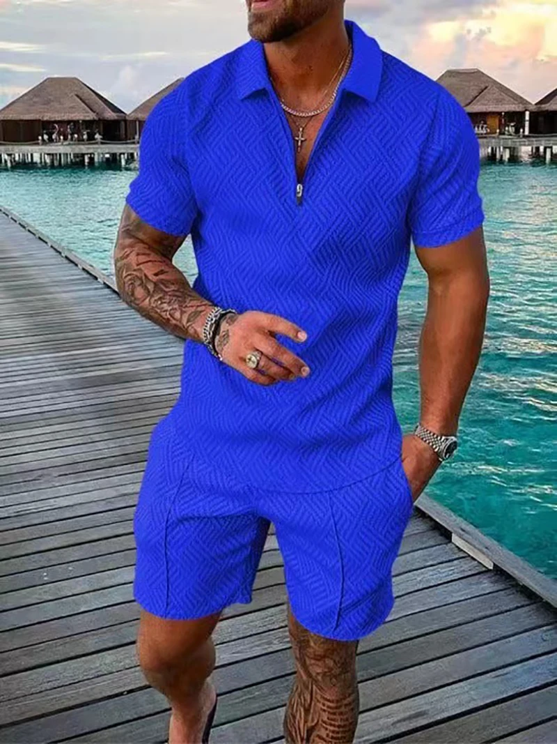 Men's Polo Suit Fashion Men Sets Mens Solid Color Summer V-neck Zipper Short Sleeve POLO Shirt+Shorts Two Pieces Men Casual Suit