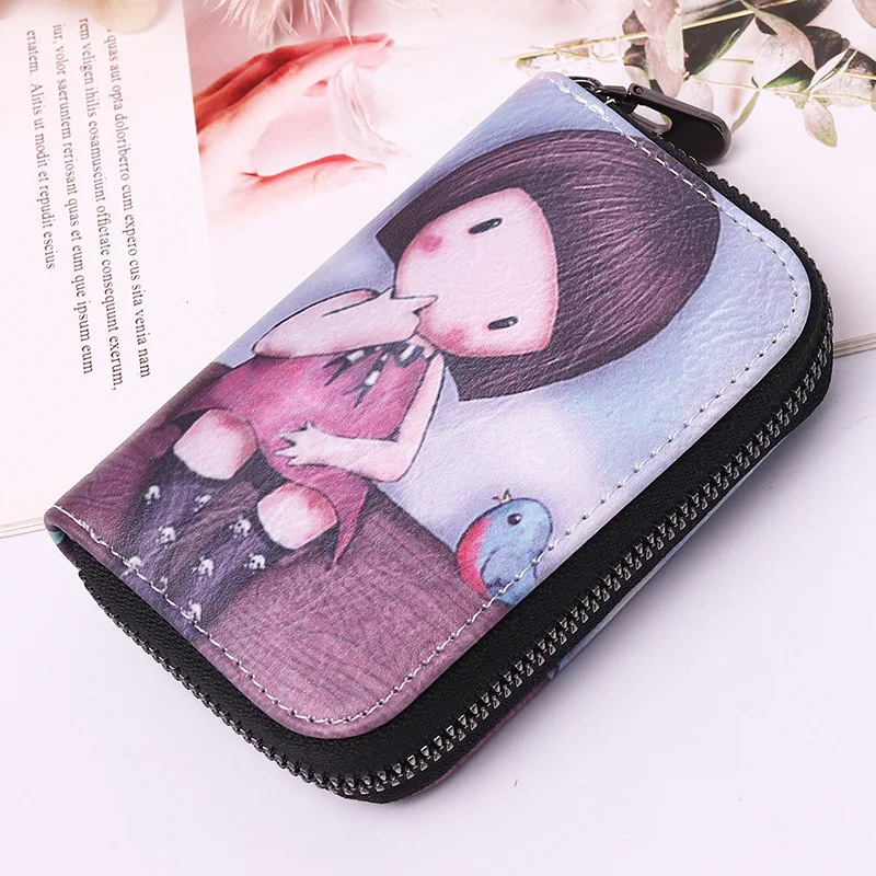 Certificate bag, credit card clip, zipper, zero wallet, cartoon, creative character, printed card bag, large capacity for women