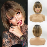 ombre black brown bob synthetic wigs with bangs short straight bob wig heat resistant wigs cosplay party daily synthetic hair
