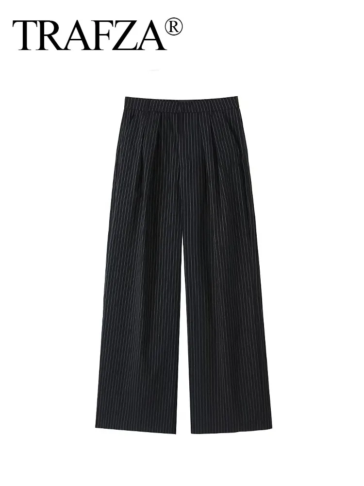 

TRAFZA Female Fashion Wide Leg Pants Black Pinstripes Side Pockets Summer Casual And Loose Full Length Pants Women 2023 Trendy