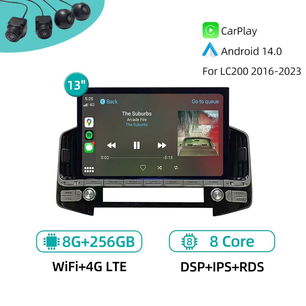 

13" Android 14.0 CarPlay 4G WiFi GPS Navigation Stereo Multimedia Player Car Radio For Toyota Land Cruiser 200 LC200 2008-2020