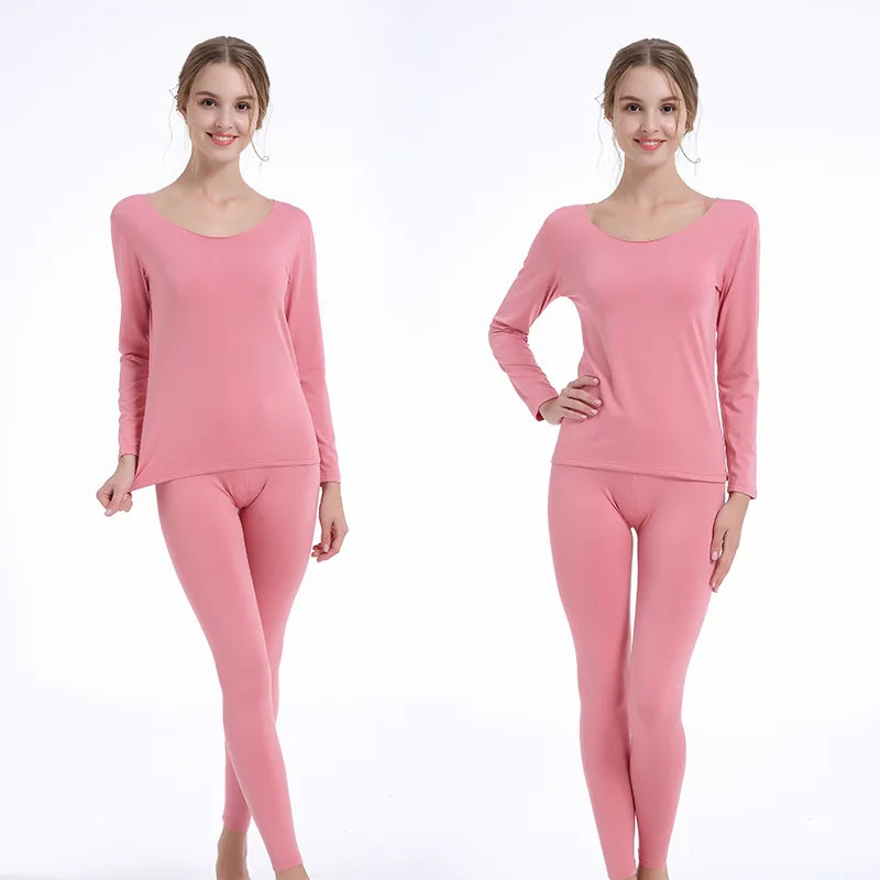 Ladies Homewear Set Body Fit Elastic Solid Color Bottoming Shirt Round Neck  Thin Velvet Thermal Underwear Body Sculpting