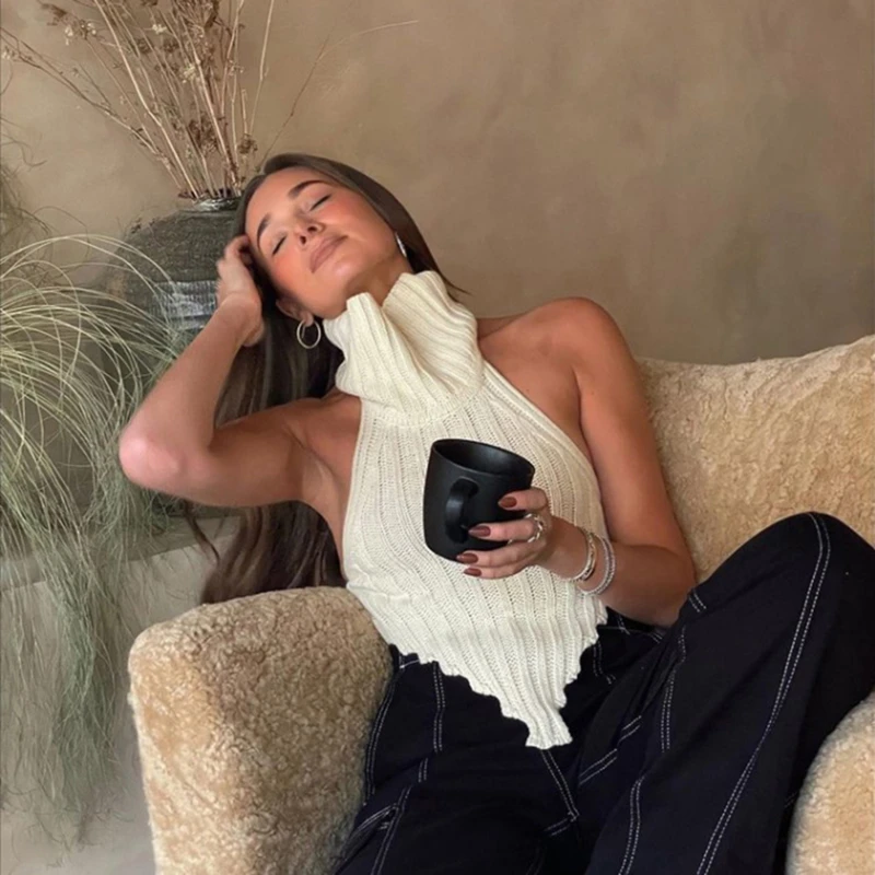 

Женский трикотажный жилет неправильной формы, Топ в стиле High Street с вырезами, каскадная водолазка без рукавов