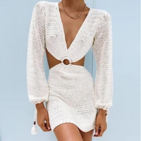 2021 new summer beach crochet knit v neck mini long sleeve sweat women dress sexy casual white stripe hollow out party dresses