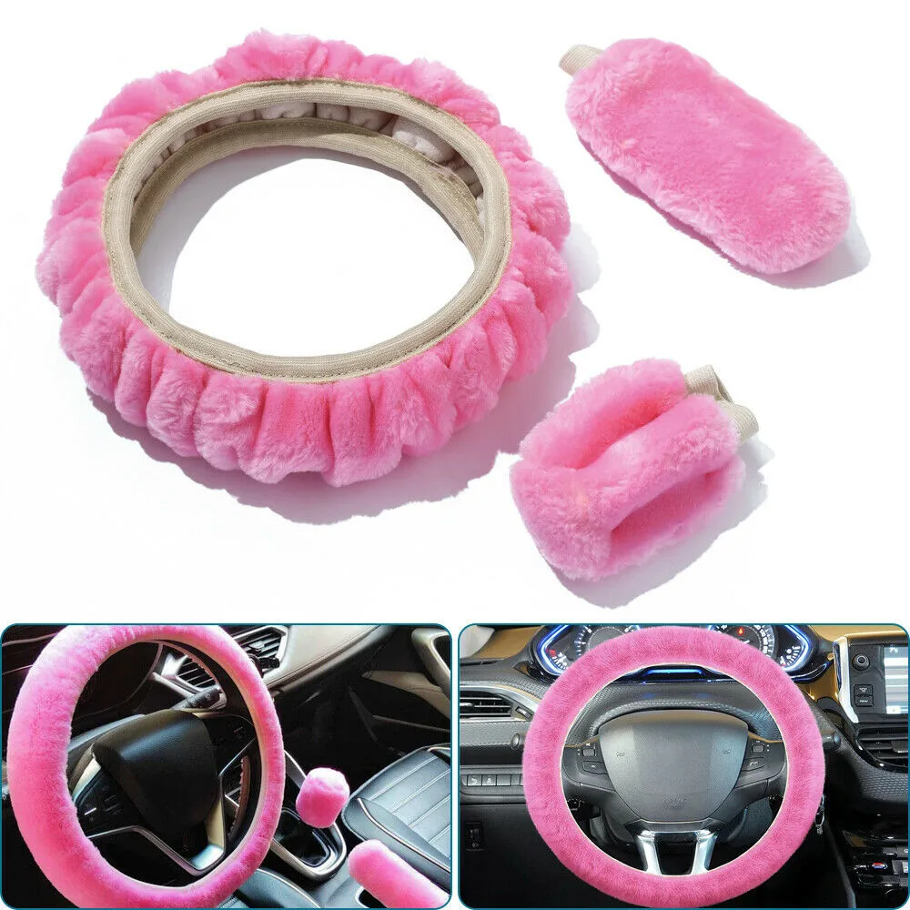 3pcs  38cm Universal Plush Car Steering Wheel Cover Winter Fur Fluffy Thick Hand Brake Gear Covers Set Auto Interior Accessories