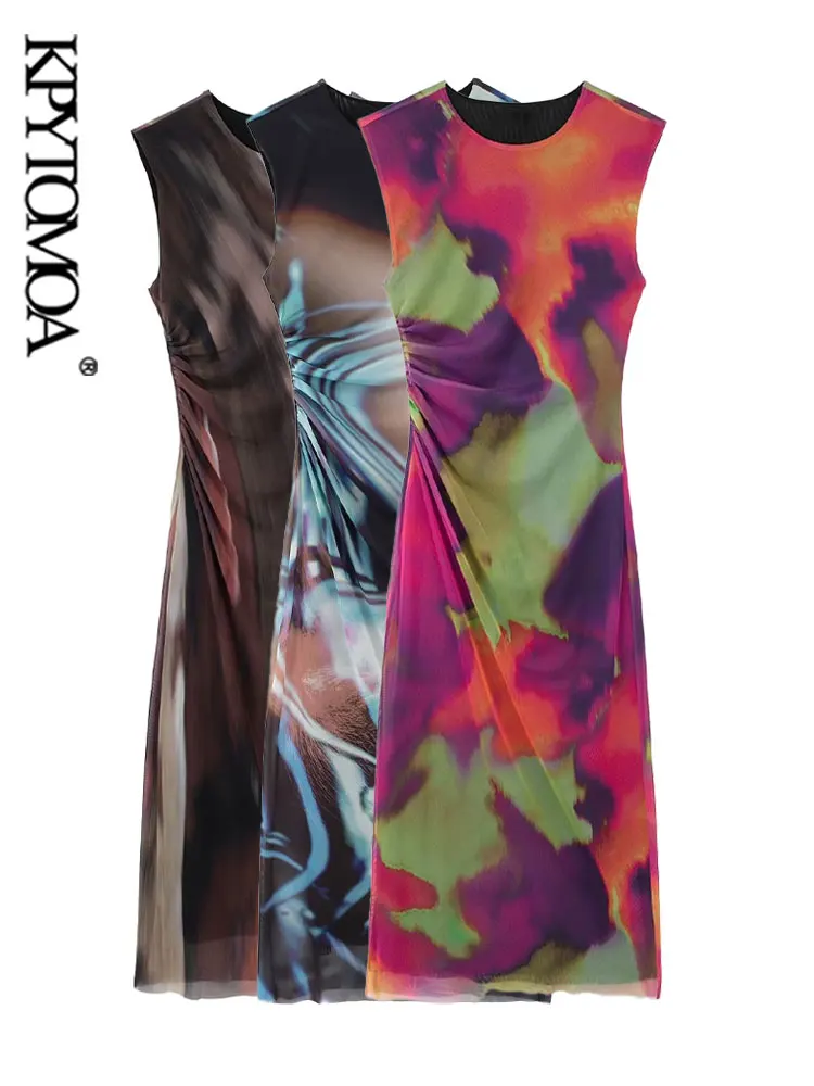 

KPYTOMOA Women Fashion Side Gathered Printed Tulle Midi Dress Vintage Sleeveless With Lining Female Dresses Vestidos Mujer
