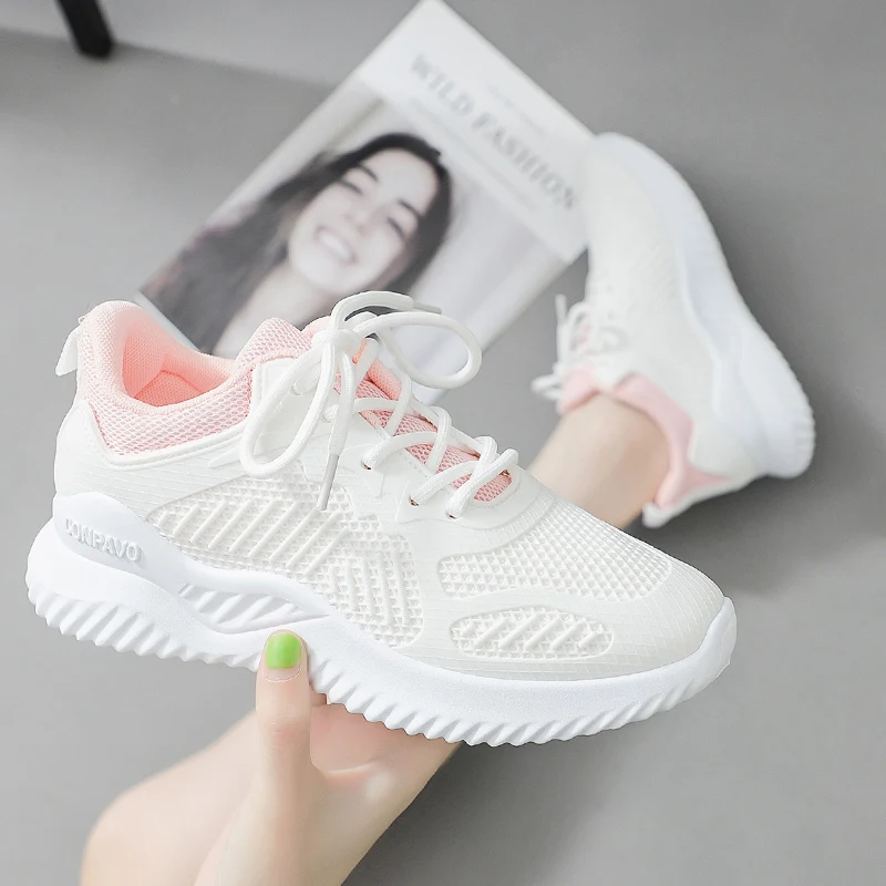 

Breathable Mesh Vulcanized Shoes Ladies Knitted New Upgrade Comfortable Soft Flat Bottom Casual Running Sports Fitness Lace Up