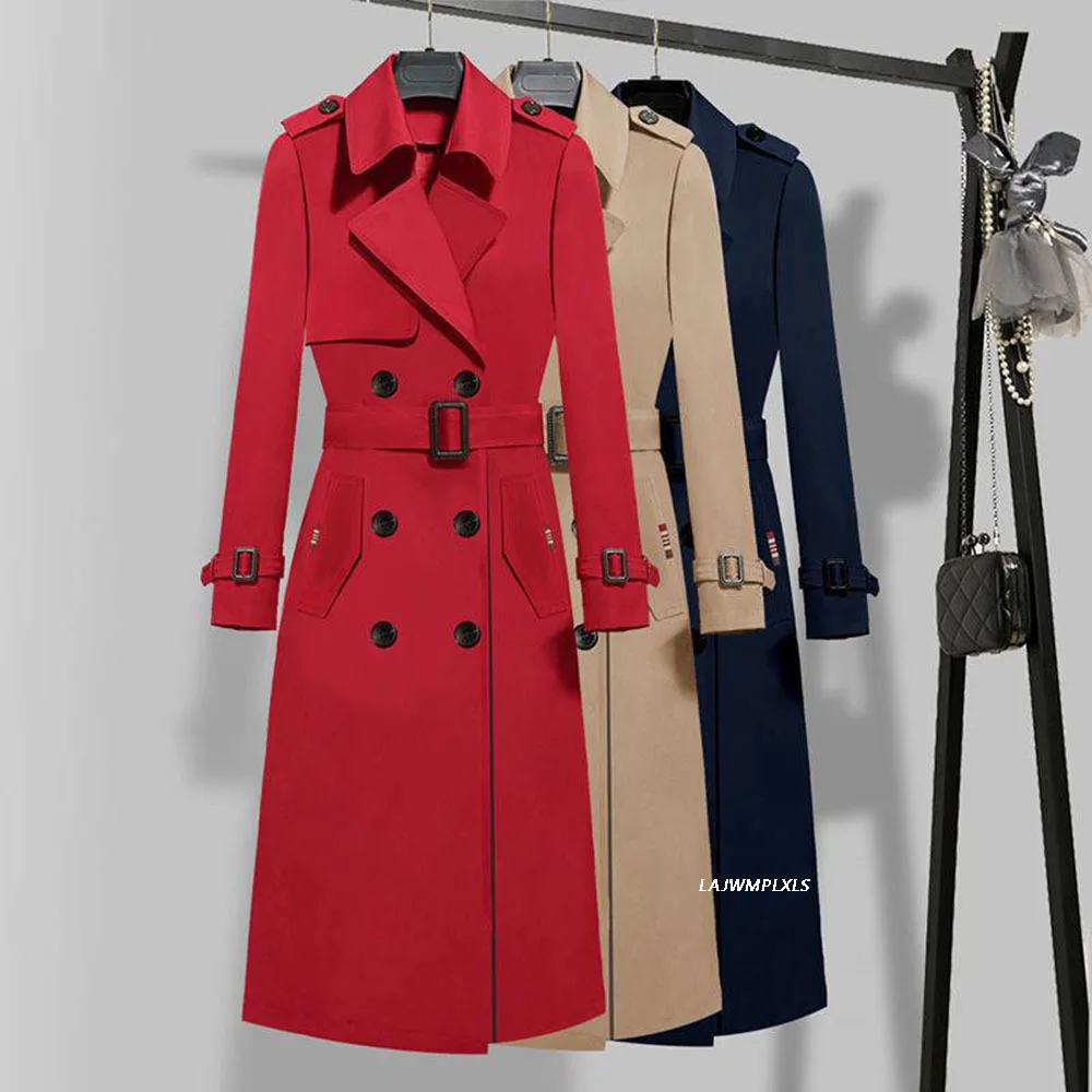 

New Spring Autumn Women Vintage Turn-down Collar Double Breasted Long Trench Casual Ladies Slim Trench with Belt