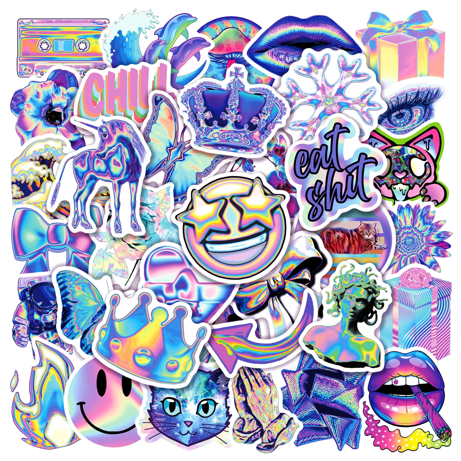 

50pcs Holographic Laser Colorful Graffiti Sticker Trunk Notebook Skateboard Waterproof Cool Sticker Laptop Skin Sticker Pack