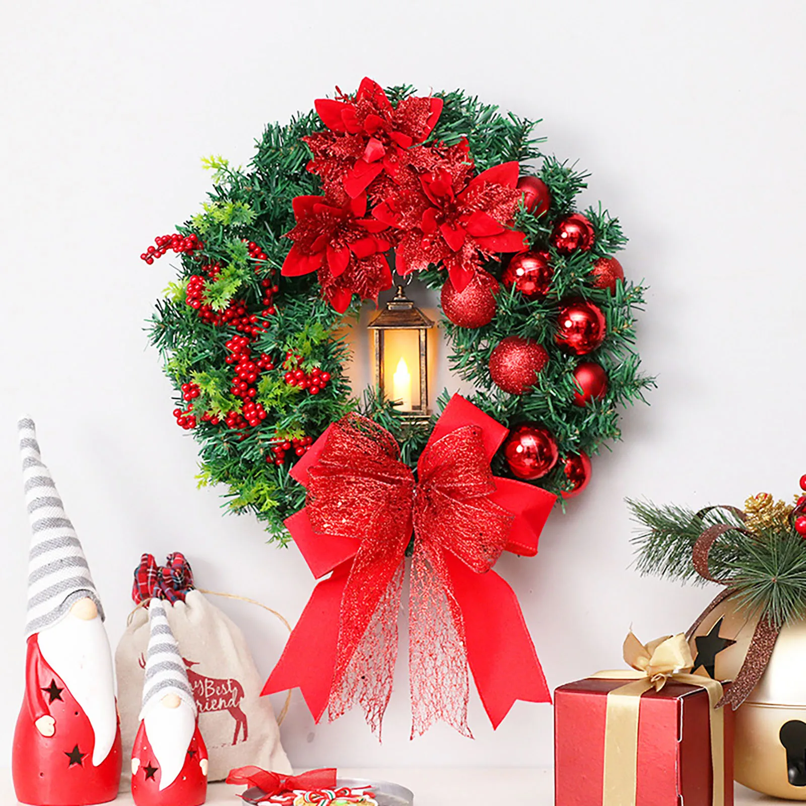 

New Christmas Wreath Garland LED Bow-knot Garland Pendant with Lamp Upside Down Hanging Ornaments Front Door Wall Decorations