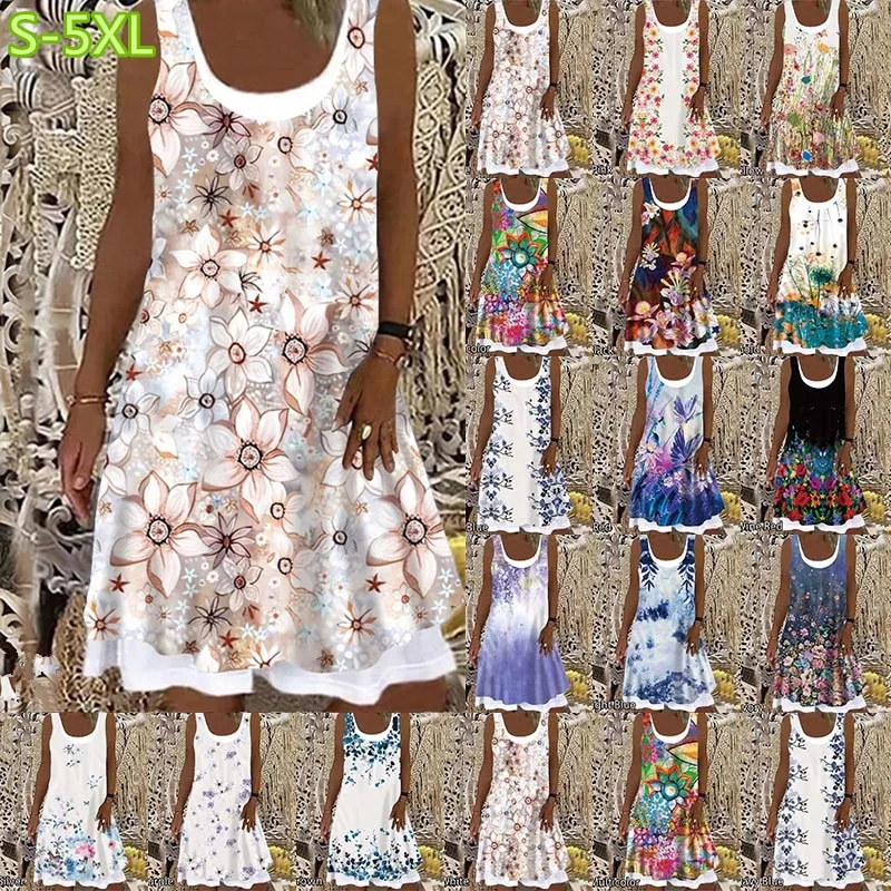 

Женское свободное платье с цветочным принтом, винтажное платье без рукавов с оборками, большие летние лоскутные платья
