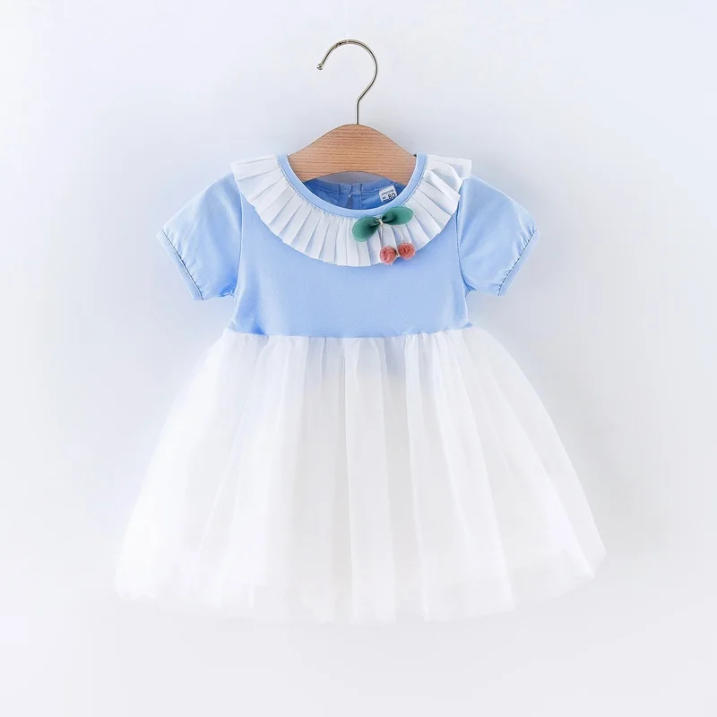 

2022 Toddler Dresses Summer New Cute Little Cherry Lace Round Neck Mesh Short Sleeve Princess Dress Soft Baby Girl Clothes 0-24M
