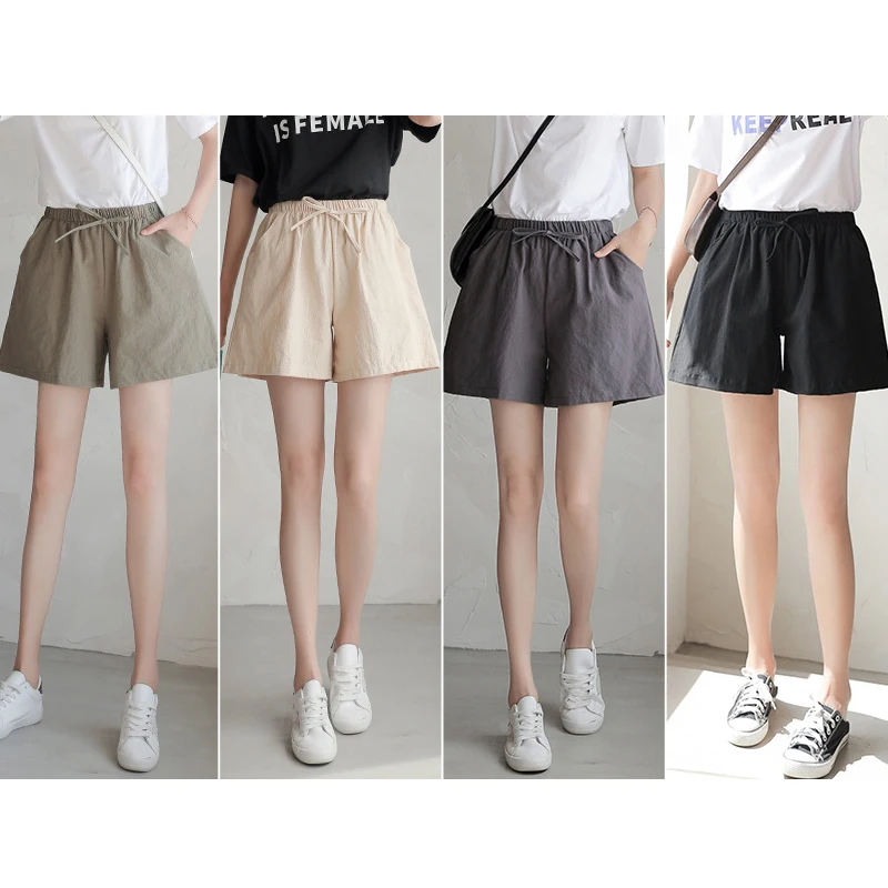Wide Leg Pant Drawstring Elastic Waist Bikers Shorts Women Shorts Spring Summer 2023 Loose Linen Cotton Solid Casual