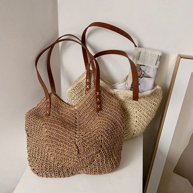 2022 Fashion Women Straw Shoulder Bag Bucket Aesthetic Tote Bag Summer Casual Beach Woven Handmade Weaving Handbag Accessories