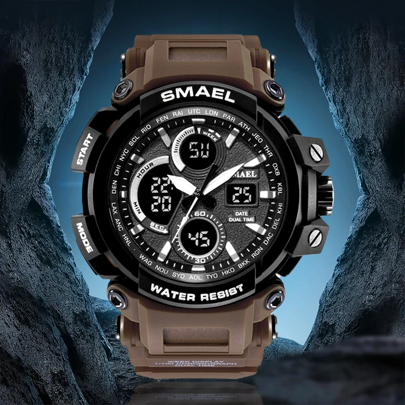 

Мужские спортивные часы SMAEL, светодиодный сы с будильником и датой, часы с цифровыми цифрами цвета розового золота, силиконовые часы с защит...