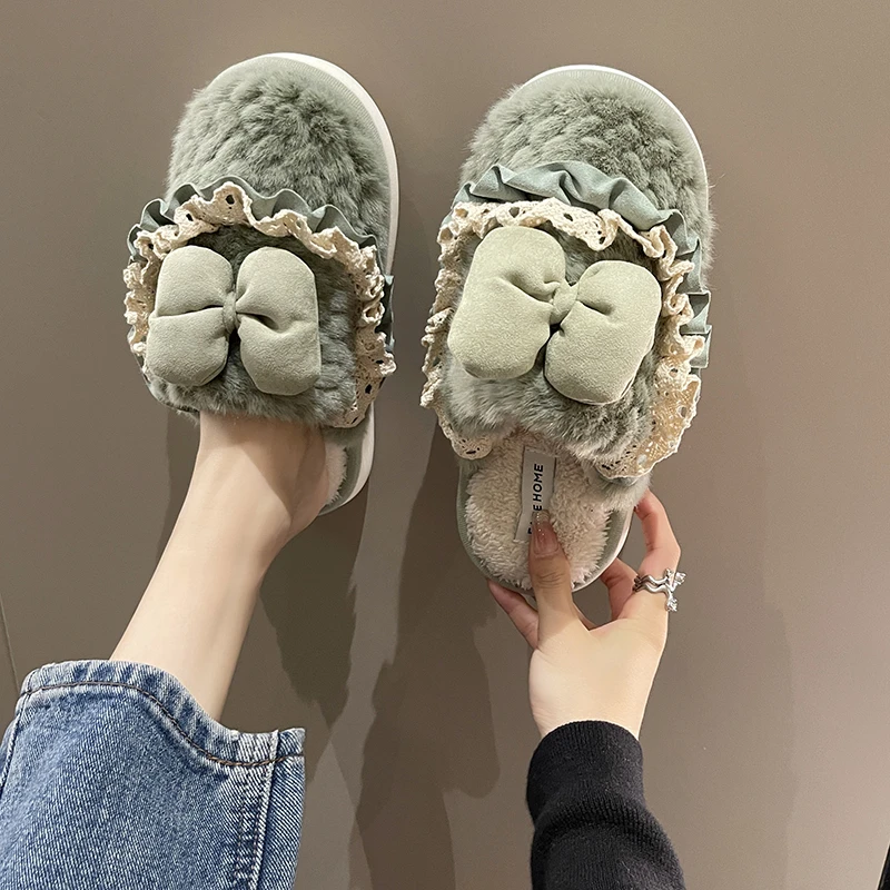 

Cover Toe Female Shoes Slippers Soft Butterfly-Knot Flock Slides Low Fashion Fur Flip Flops 2022 Comfort Flat Luxury Plush Rubbe