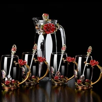 wholesale gift cup with enamel flower tea coffee drink water clear glass cup set with metal handle in china