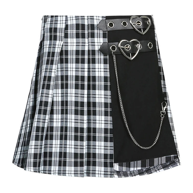 

2022 Summer Women Skirt Plaid Stitching Pleated Skirt Love Belt Chain High Waist JK Mini Skirts Off-shoulder Tops Two-Piece Suit