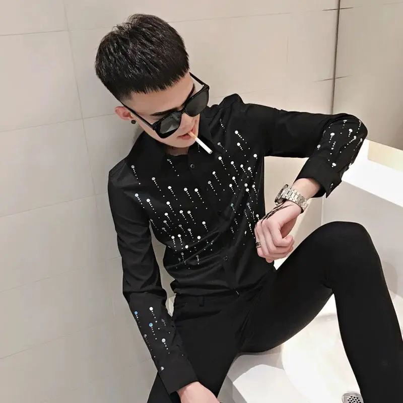 Men's shirt spring and autumn long sleeve slim print shirt trend personality nightclub stylist fashion clothing