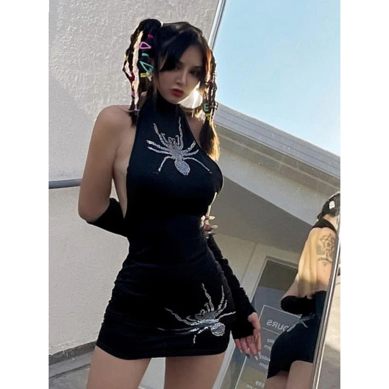 

2023 Women's Spring/Summer New Dress Fashion Temperament Mid-length Sexy Backless Slim Suspender Dark Style Dress