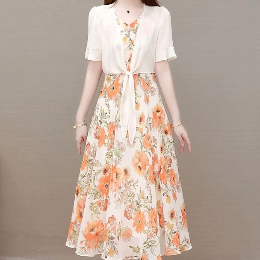 Dress Women's Summer 2023 New High End Fashion Sun Protection Outwear with Reduced Age Fragmented Flower Long Dress