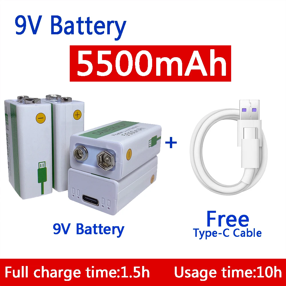

9V 5500mAh 9V battery li-ion Rechargeable battery Micro USB Battery 9v lithium for Multimeter Microphone Toy +USB charging cable