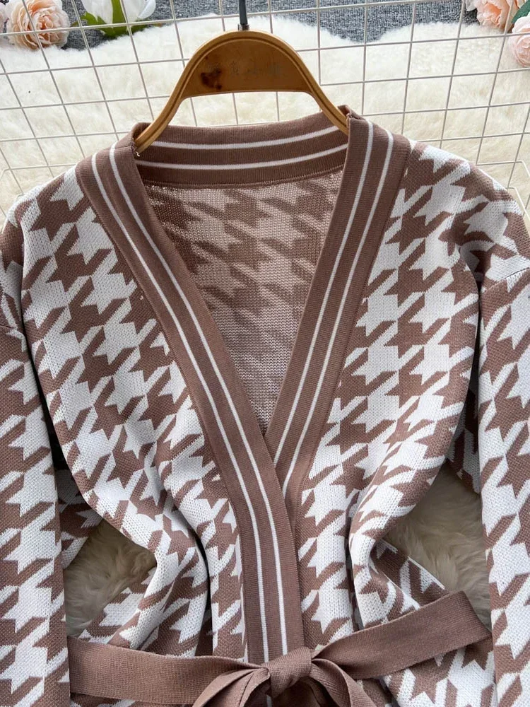 Осень-зима женский свитер костюм из двух предметов с узором гусиные лапки