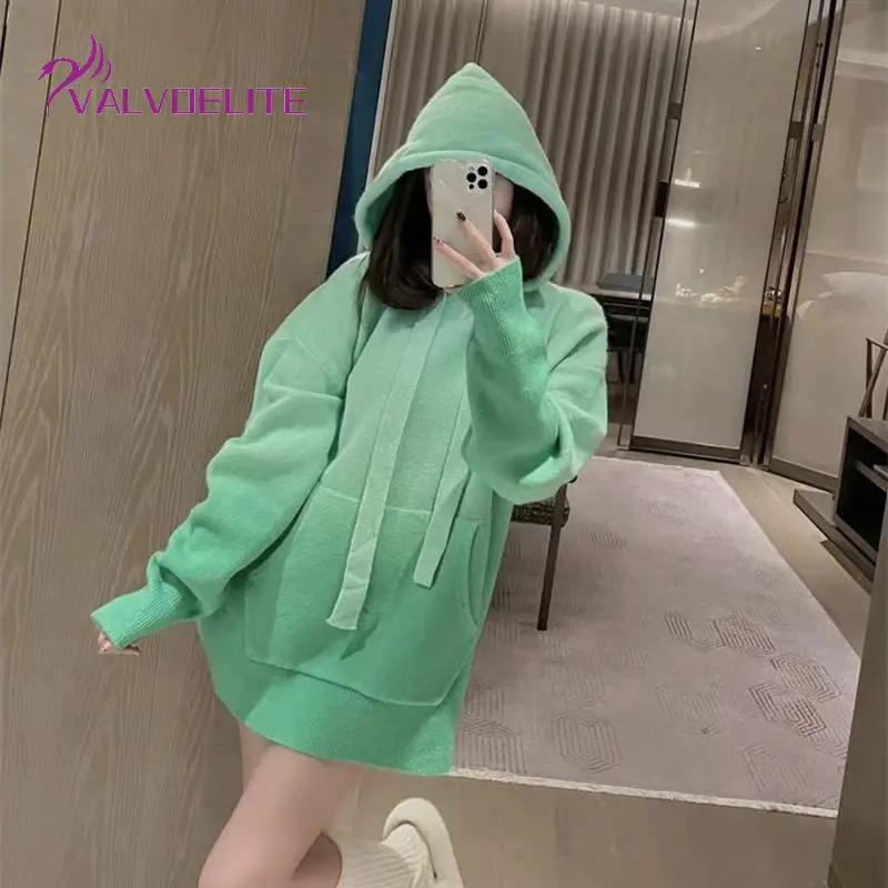 

Autumn Winter New Woman Hoodie Fashion Loose Gradient Color Mid-length Thick Top High-quality Casual Pullover Round Neck Coat