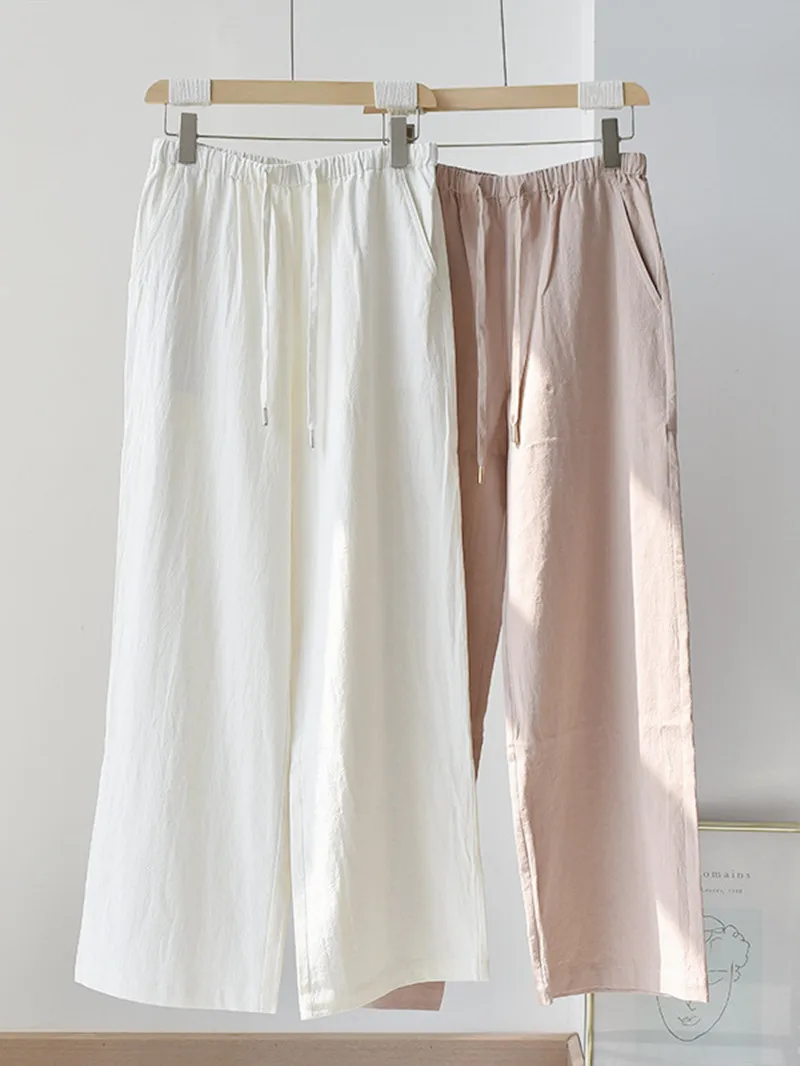 Summer New Women Cotton Linen Wide Leg Pants Drawstring Elastic Waist Solid Color All-Match Lady Loose Straight Thin Long Pants