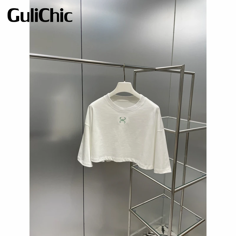 

3.22 GuliChic Spring Summer Cotton Round Neck Short T-Shirt Women Half Sleeve Embroidery Casual Tee