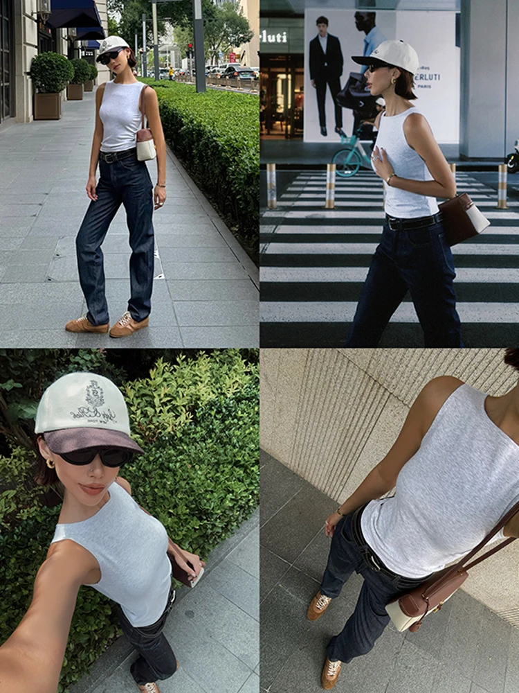 VanessaLab Summer Light Flower Grey Old Money Sleeveless Slim Fit Elastic Tank Top T-Shirt For sport t shirt women