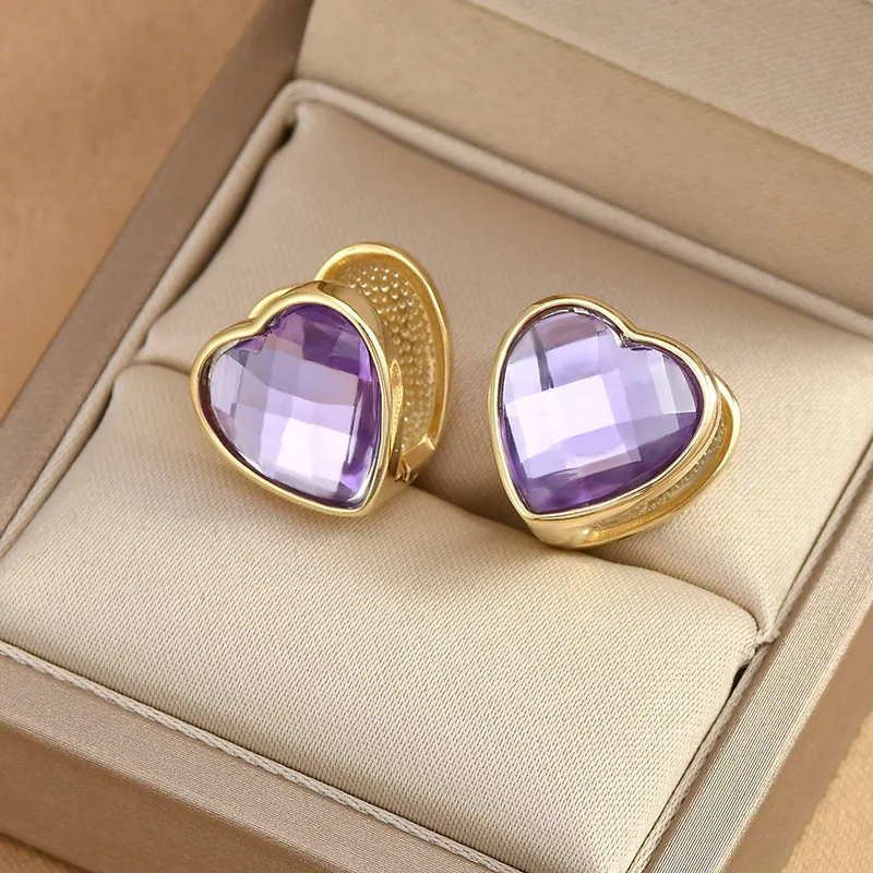 

Korean Original Purple Crystal Heart Gold Hoop Earrings for Women Cute Sweet Statement Earrings Women's Jewelry Accessories