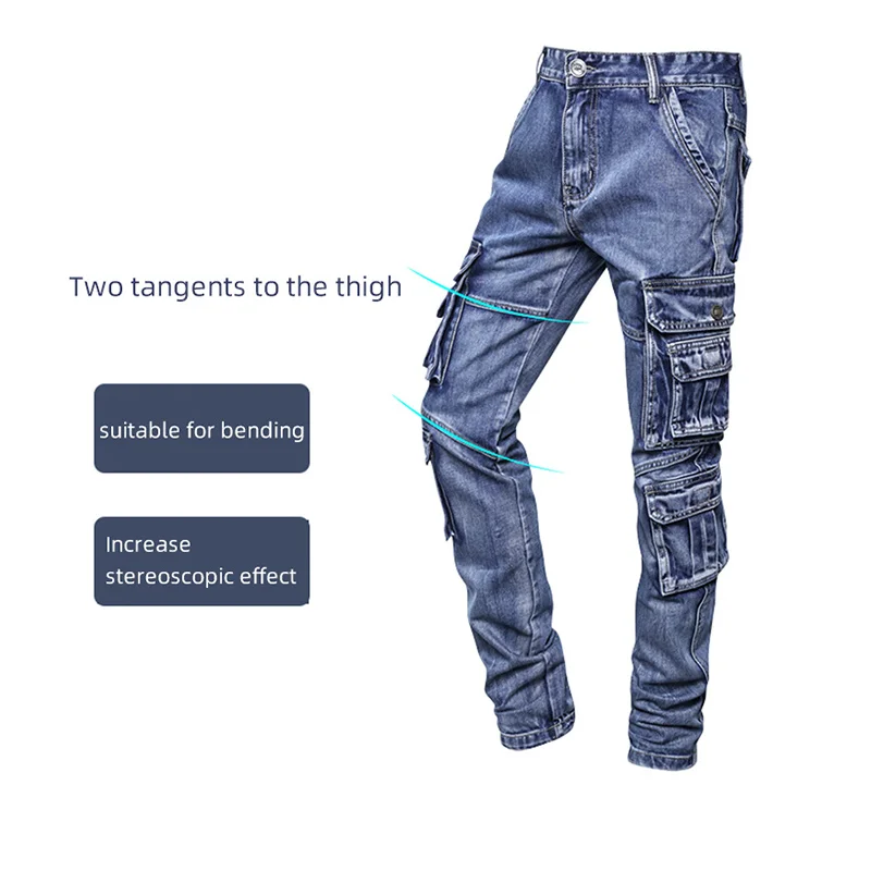 New casual men's outdoor fashion multi-pocket overalls men's jeans slim straight Streetwear Hip Hop Jeans cotton size 30-40