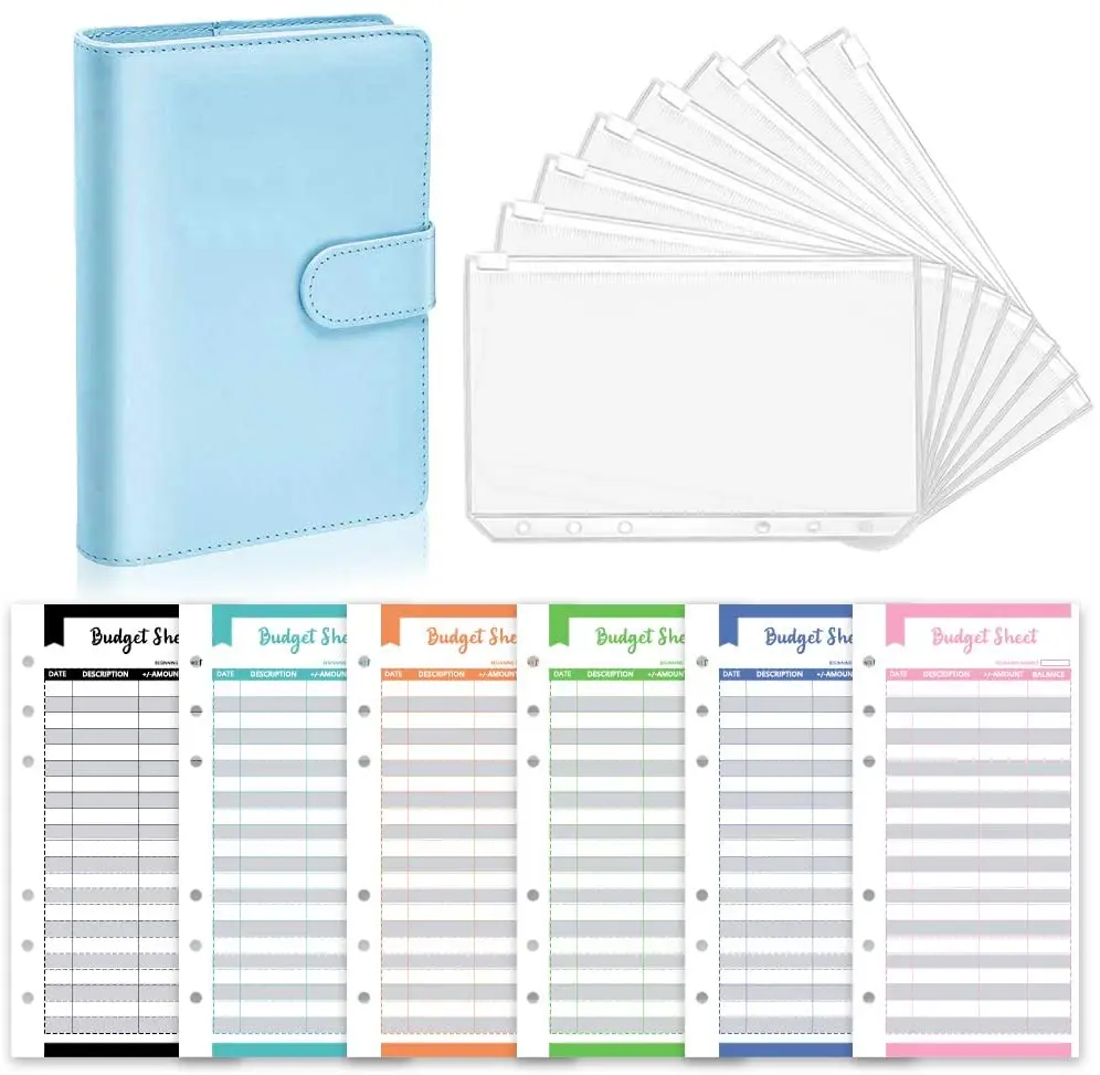 21 Piece A6 Refillable Notebook Binder Cover with 8pcs PVC Zipper Envelopes Pockets and 12pcs Budget Sheets for Bill Planner