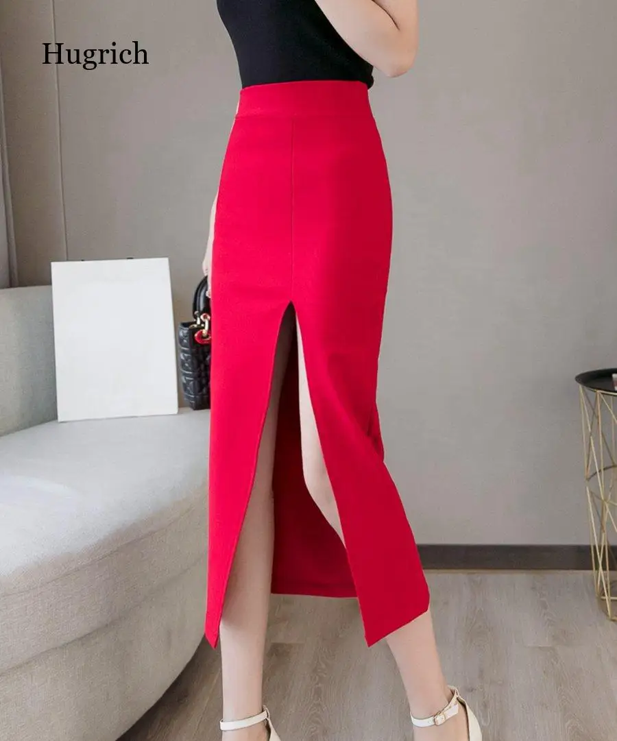 

Женская юбка, модная длинная юбка, женская красная Корейская юбка с высокой талией, Офисная Женская Сексуальная черная юбка