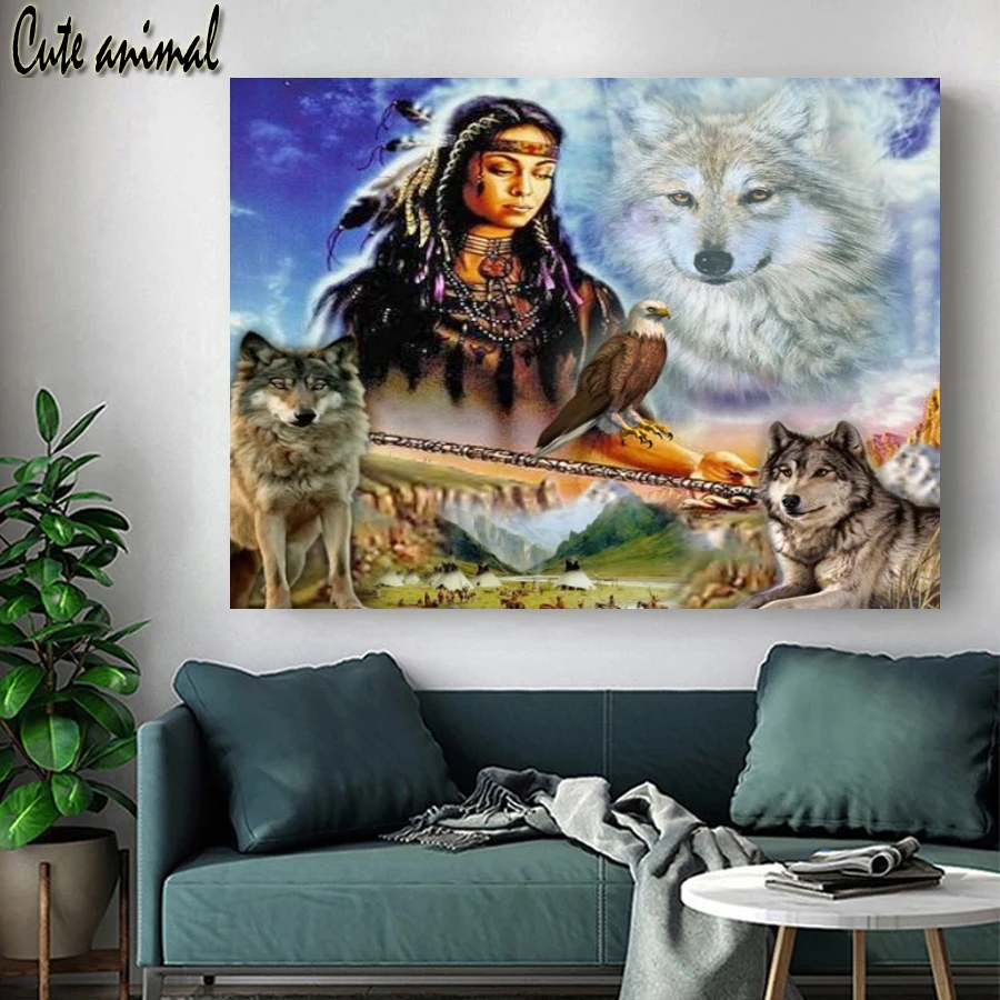 

Алмазная живопись "сделай сам", 5D полная Алмазная вышивка, индийская женщина, волк, племя, пейзаж, вышивка крестиком, картина Стразы, мозаичный Декор