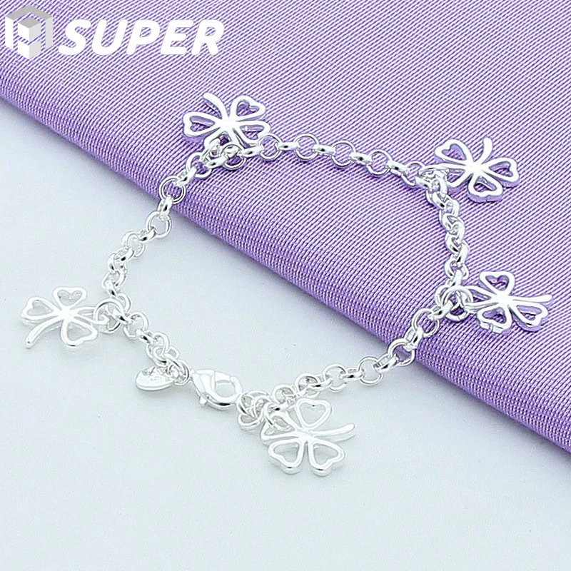

925 Sterling Silver Five Lucky Clover Flowers Pendant Bracelet Chain For Woman Wedding Engagement Charm Jewelry