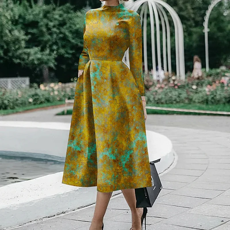 

Commute Women Slim Shirts Dress Female Long Sleeve Stand Collar Office Dress Fashion Printed Loose Pockets A-Line Dress Clothes