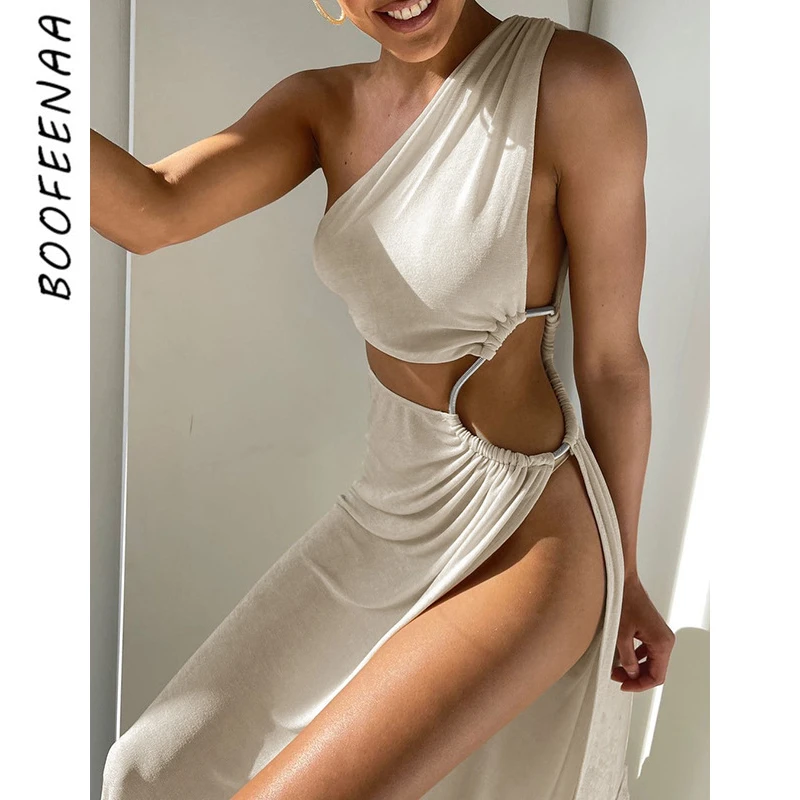 Сексуальное асимметричное платье BOOFEENAA на одно плечо с высоким разрезом длинное